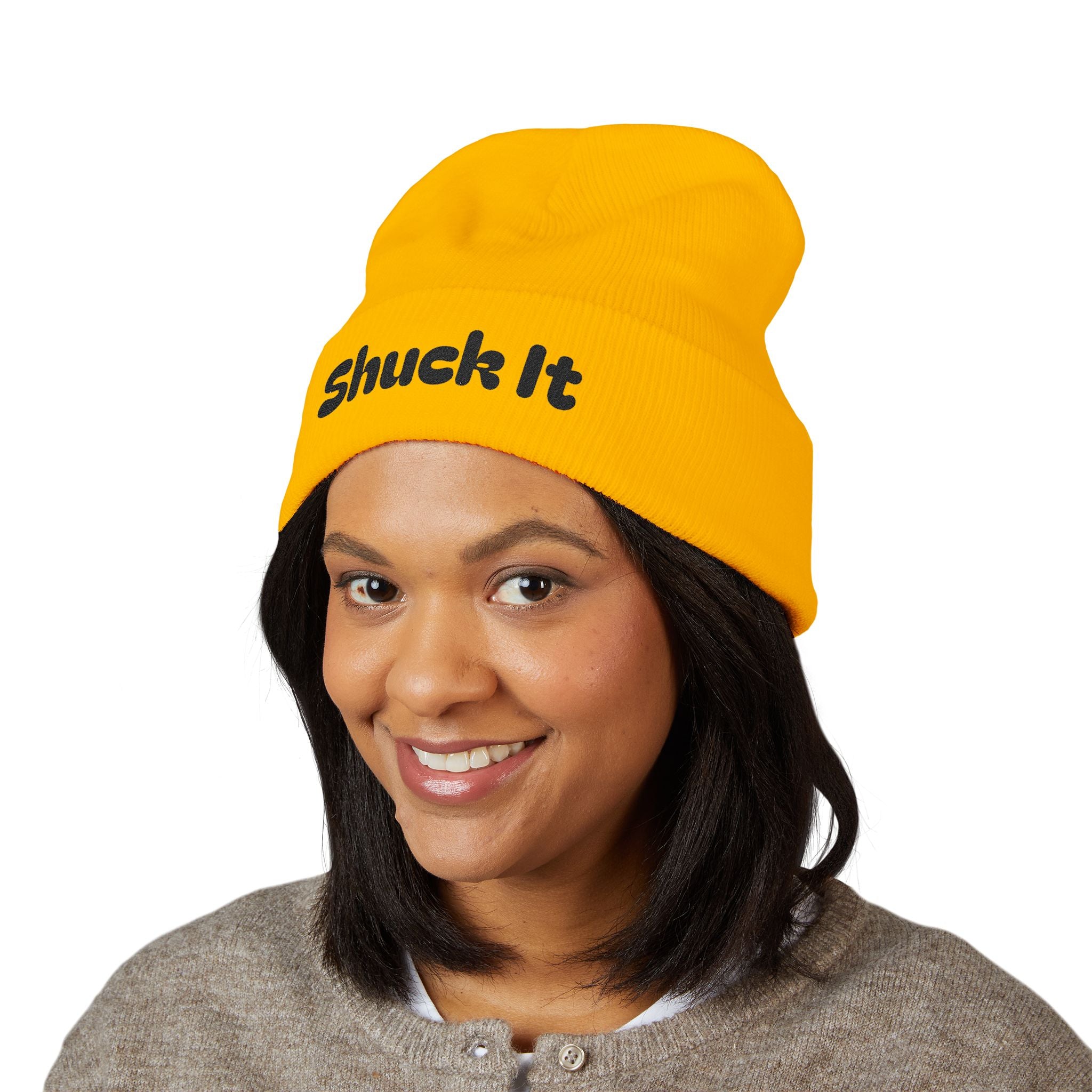 Embroidered Yellow Cuffed Beanie — Cute Smiley Face Patch
