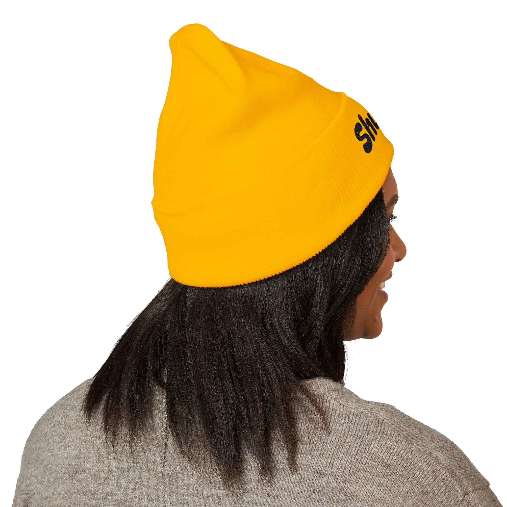 Embroidered Yellow Cuffed Beanie — Cute Smiley Face Patch